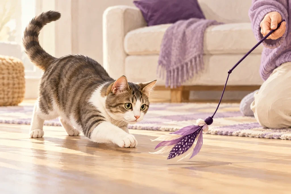 Кошка крадётся по полу за игрушкой на удочке, которую человек держит на расстоянии от лап.