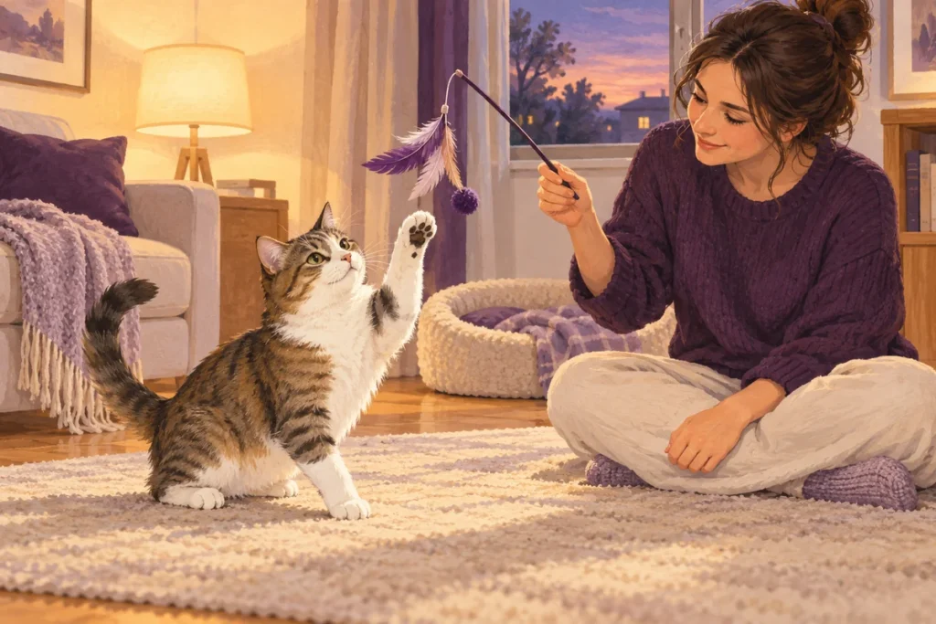 Кошка вечером играет с игрушкой на удочке в спокойной гостиной.