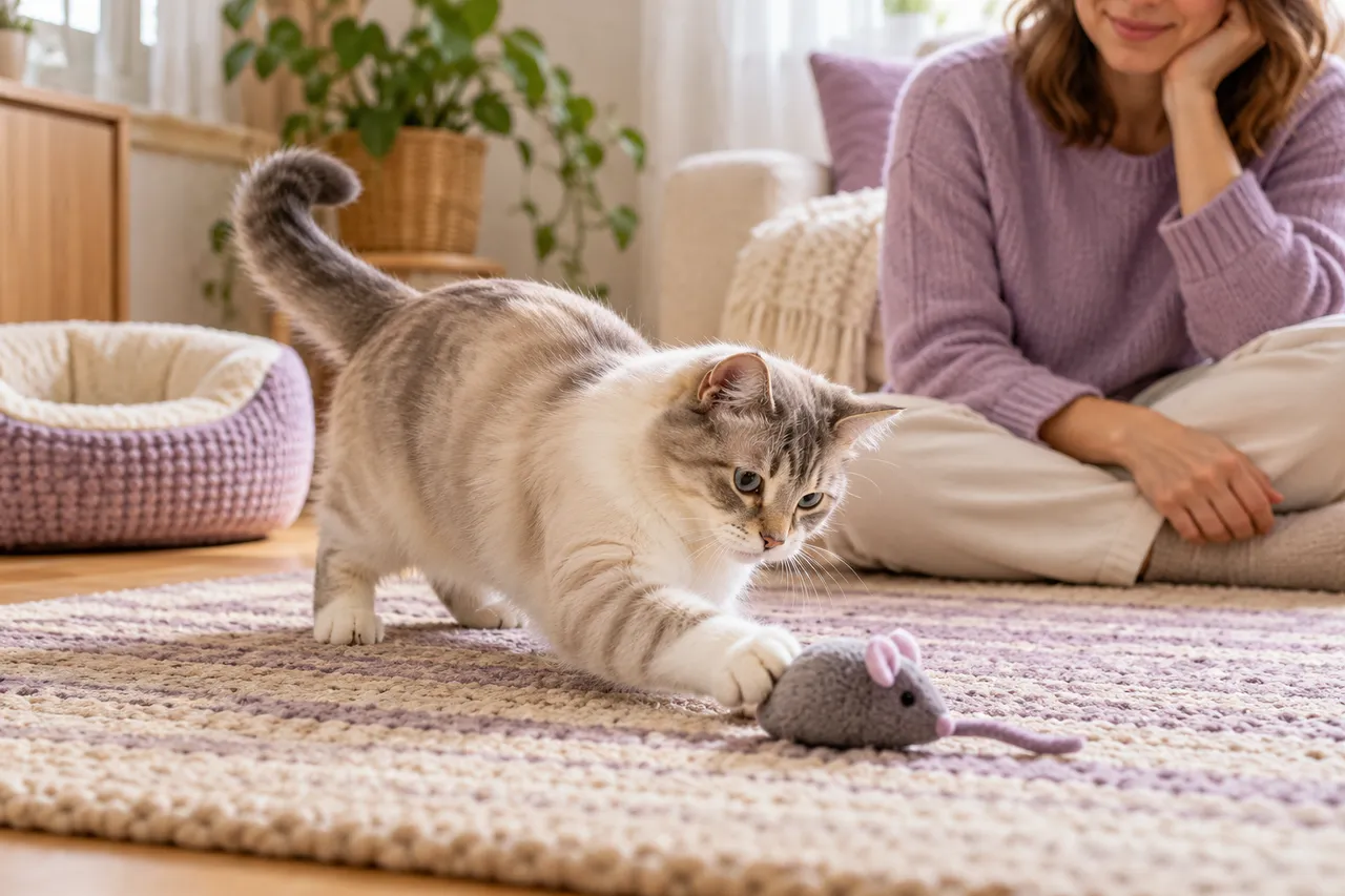 Кошка играет с игрушкой на полу, человек наблюдает с небольшого расстояния