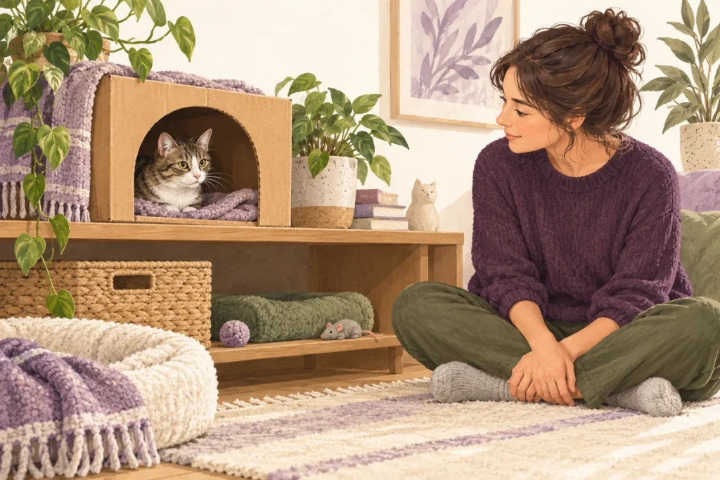 Кошка наблюдает из уютной коробки на устойчивой невысокой полке, а человек спокойно сидит в стороне.